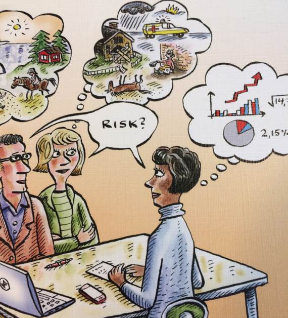 En tecknad bild som visar olika tankar om begreppet risk