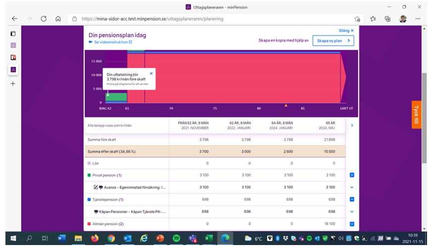 Skärmbild från minPension som visar egeninmatade uppgifter om pensioner som är under utbetalning.