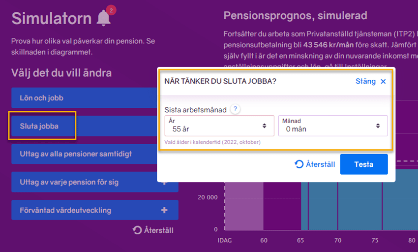 En skärmbild från minPension som visar Simulatorn med fråga om när du tänker sluta jobba.