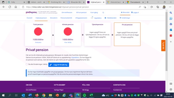 Skärmdump från minPension på fliken Intjänad pension