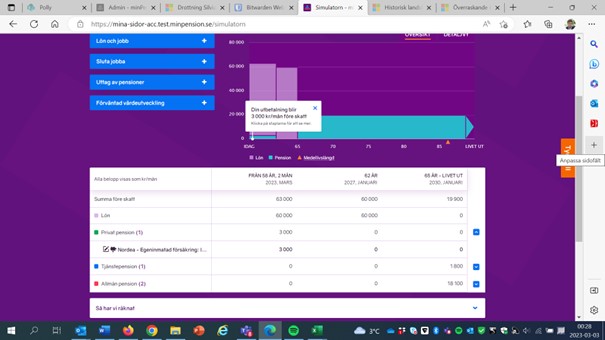 En skärmdump från minPension som visar den egeninmatade pensionen i Simulatorn. 