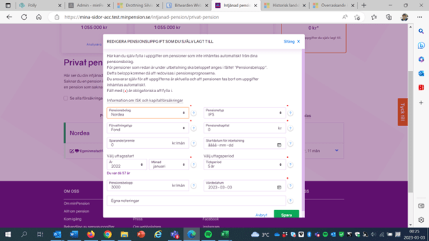 Skärmdump från minPension som visar hur du lägger till en egeninmatad pension.
