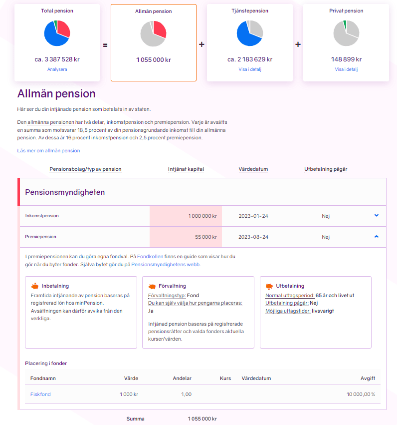 En skärmbild som visar innehållet i rutan Allmän pension i fliken Intjänad pension.