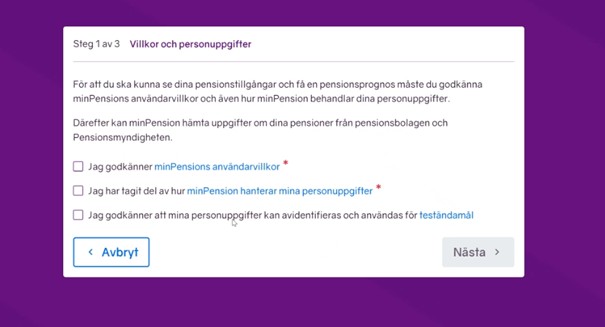 Skärmbild från registreringsflödet på minPension