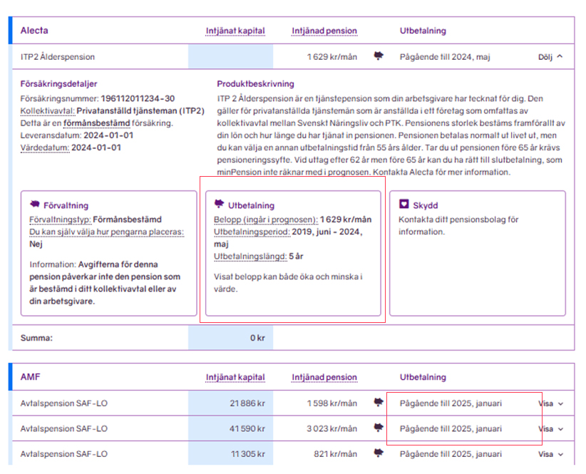 Skärmbild som visar hur pensioner som är under utbetalning presenteras på minPension. 